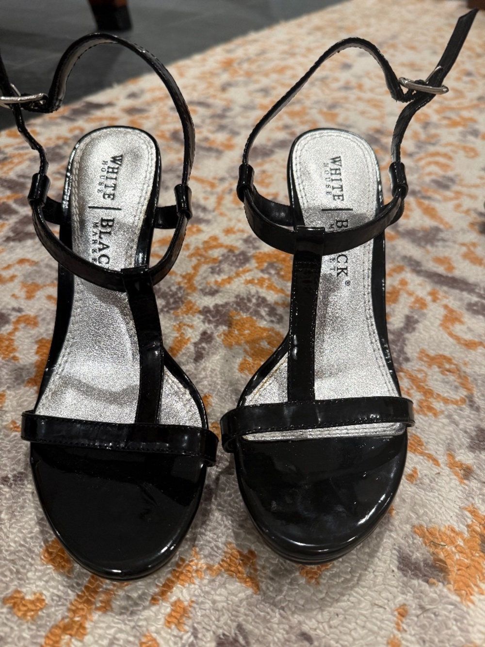 White House Black Market  black leather t-strap heels